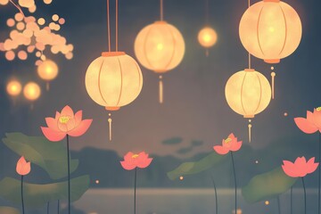 Wall Mural - A beautiful Mid-Autumn Festival animation with animated icons of full moons, lotus flowers, and lanterns, gently moving across a serene background.
