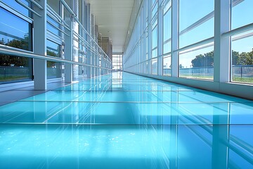 Wall Mural - Modern Glass Corridor With Large Windows And Blue Floor