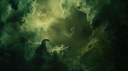 Dark green nebula with swirling clouds and stars.