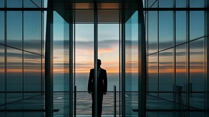 Poster - Businessman silhouette walking towards revolving door in modern office with glass walls at sunset, symbolizing new opportunities and achievements