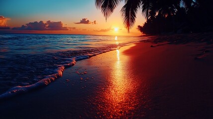 Poster - Vibrant sunset over tropical beach.