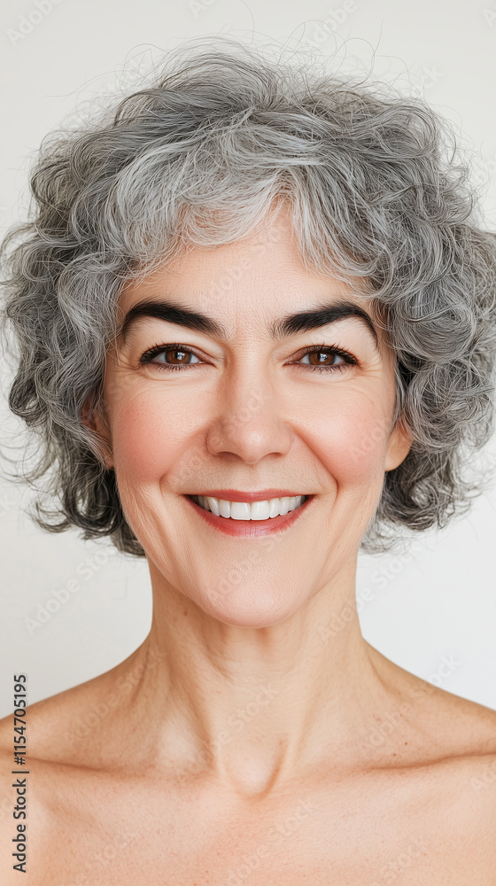 photograph of Joyful mature woman with short wavy gray hair smiling ...