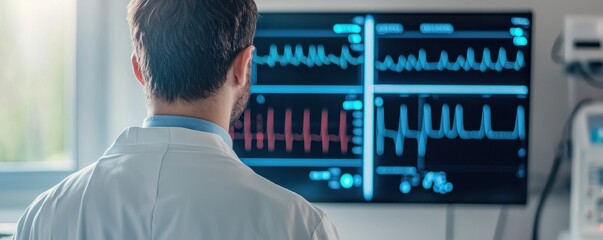 Poster - A medical professional monitors patient data displayed on a screen, focusing on vital signs and heart rate in a clinical setting.