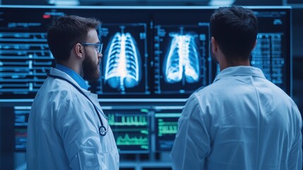 Poster - Two doctors examine lung X-rays on a digital display, analyzing medical data in a modern healthcare setting.