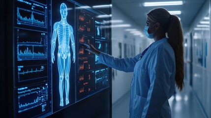 Poster - A medical professional interacts with a high-tech display showing a holographic human body and health metrics in a futuristic healthcare setting.