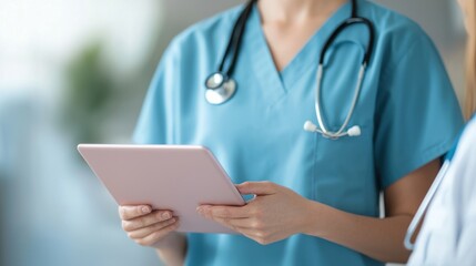 Poster - A healthcare professional in scrubs holds a tablet in a clinical setting, illustrating modern medical practices and technology integration.