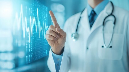 Poster - A medical professional points at a digital display, symbolizing healthcare technology and patient monitoring.