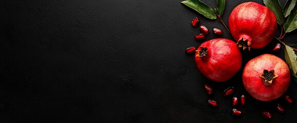 Wall Mural - Three ripe pomegranates with leaves and seeds on a dark background.