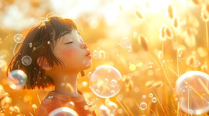 Wall Mural - Girl blowing bubbles in sunset field.