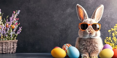 Wall Mural - A cheerful Easter bunny in stylish sunglasses sits among colorful eggs and flowers, creating a festive atmosphere perfect for a joyful spring holiday gathering with family and friends