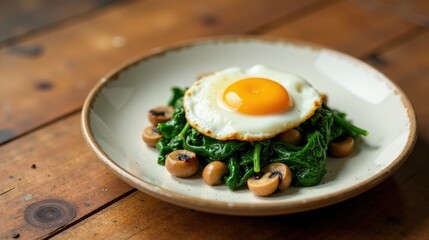 Wall Mural - A perfectly fried egg atop sauteed spinach and mushrooms, a simple yet satisfying culinary creation served on a rustic plate.