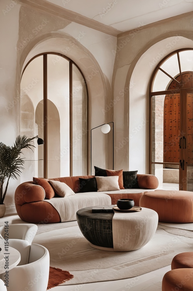Modern minimalist living room, curved sofa, circular wall art, vaulted ...