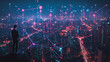 © Teeraphon - Smart digital Innovation city with connection network reciprocity over the cityscape. of future smart wireless city and social media networking systems that connects business people with in city