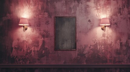 Poster - Dark pink textured wall with frame and lamps.