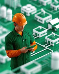Poster - A worker in an orange green shirt and hard hat examines a digital device, surrounded by a green circuit board design representing buildings and infrastructure.