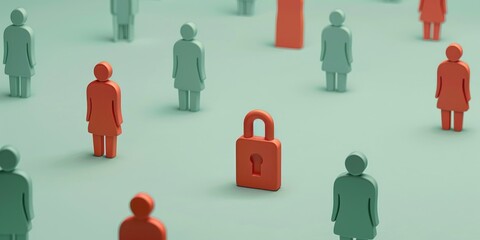 Poster - The image depicts a crowd of stylized figures surrounding a locked padlock, symbolizing security, privacy, and protection within a community.