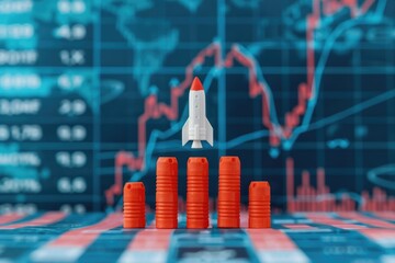 Poster - A rocket toy is positioned on top of red stacks, symbolizing growth and success against a backdrop of financial graphs.