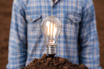 Poster - A light bulb stands upright in the soil, symbolizing ideas, growth, and innovation, while a person in a plaid shirt stands behind it.