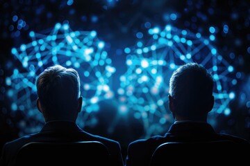 Poster - Two individuals sit in front of a digital display, surrounded by a network of glowing blue connections, symbolizing technology and data interaction.
