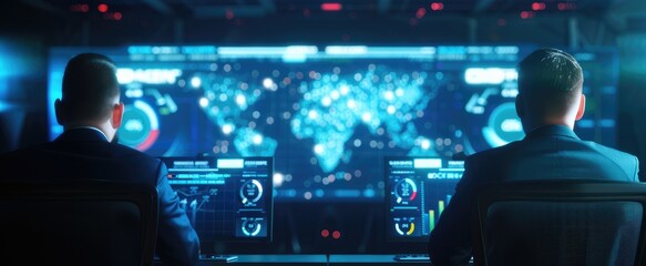 Poster - Two professionals monitor global data on high-tech screens in a dark environment, emphasizing technology and teamwork in a control room.