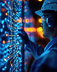 Poster - A technician interacts with a glowing circuit board, showcasing technology and innovation in a high-tech environment.