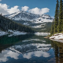 snow-capped forest lake: a stunning forest lake surrounded by snow-capped mountains and evergreens, 
