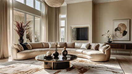 Luxurious modern living room, neutral color palette, large abstract art piece, curved sofas, round coffee table, floor-to-ceiling windows, minimalist decor, high-end interior design, soft lighting, te