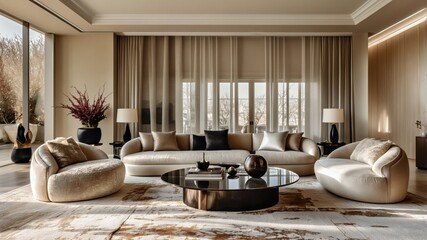 Luxurious modern living room, neutral color palette, large abstract art piece, curved sofas, round coffee table, floor-to-ceiling windows, minimalist decor, high-end interior design, soft lighting, te