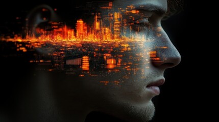 Wall Mural - Man's face merging with burning city circuit.