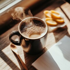 A cup of black coffee with milk, hot and steaming in the morning light