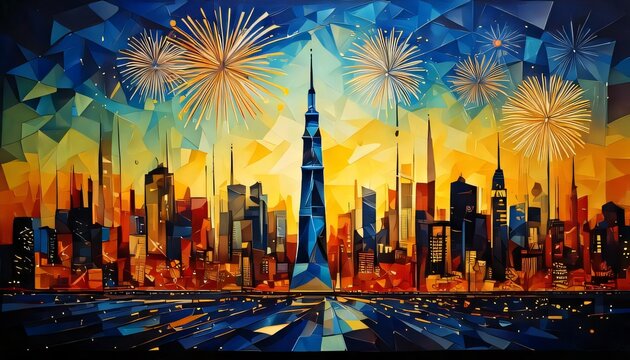 firework city skyline colorful illustration background new year
