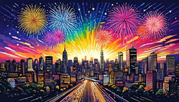 firework city skyline colorful illustration background new year