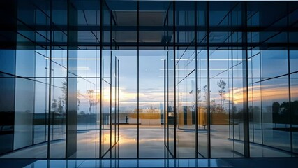 Wall Mural - Glass doors sliding open at sleek corporate building, revealing warm sunset reflecting across polished surface and modern architectural facade