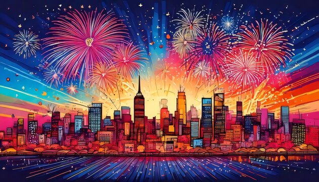 firework city skyline colorful illustration background new year