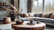© KenPix - Interior design, modern living room, neutral color palette, large windows, natural light, curved sofa, wooden coffee table, marble walls, minimalist decor, floral arrangements, zen atmosphere, Japanes