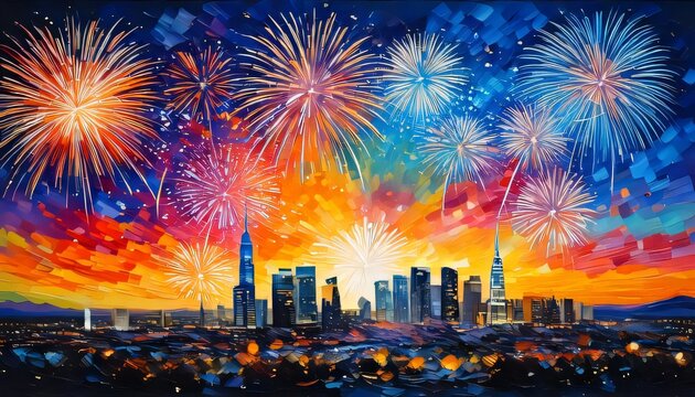 firework city skyline colorful illustration background new year