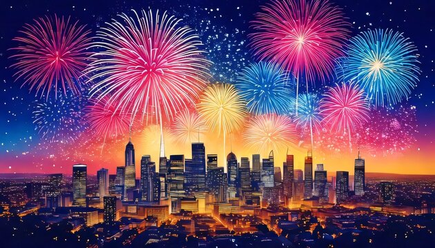 firework city skyline colorful illustration background new year