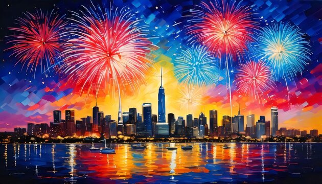 firework city skyline colorful illustration background new year