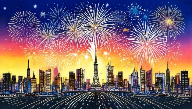 firework city skyline colorful illustration background new year