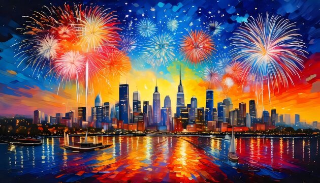 firework city skyline colorful illustration background new year