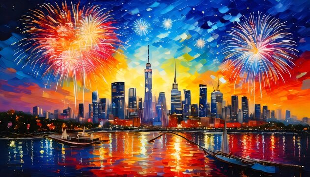 firework city skyline colorful illustration background new year