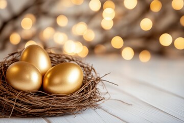 A Serene and Beautiful Easter Scene featuring Golden Eggs that are Lovingly Nested within Charming Twigs, creating a Blissful atmosphere for a gracious celebration of this joyful holiday season