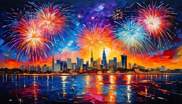firework city skyline colorful illustration background new year