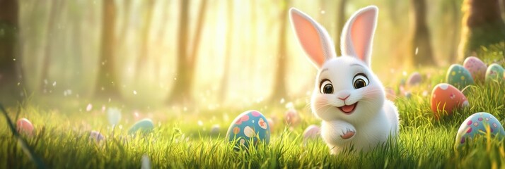 Wall Mural - A cheerful, fluffy white rabbit wanders through a vibrant forest filled with colorful Easter eggs, symbolizing the joy and festive celebration of Easter, a time of renewal and happiness