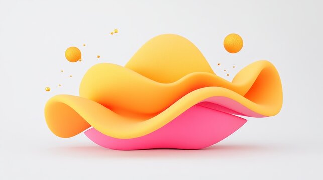 A vibrant, abstract sculpture featuring flowing shapes in yellow and pink, accented by floating spheres, set against a clean white background.