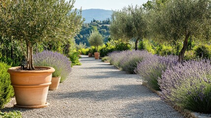 a serene mediterranean garden with gravel pathways, olive trees, and terracotta pots filled with lav