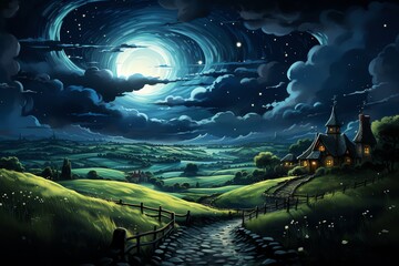 Wall Mural - Magical night scene with moon, stars, and village.