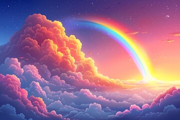 Wall Mural - Magical rainbow arching over vibrant sunset cloudscape.