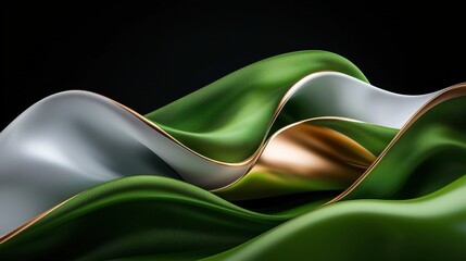 Poster - Flowing green and silver fabric waves abstract design studio setting textiles close-up perspective luxurious concept