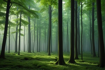 arafed view of a forest with a lot of trees and moss